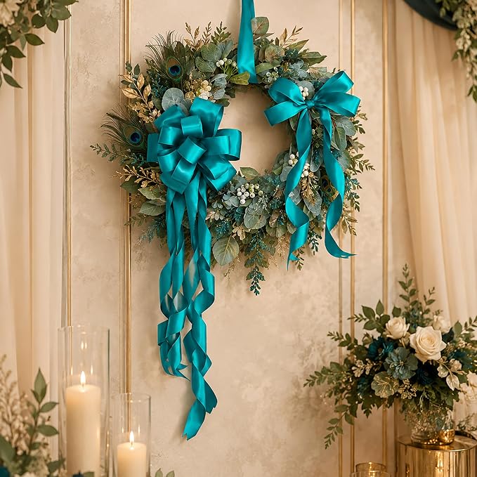 HUIHUANG Teal Wired Ribbon 2.5 inch Peacock Blue Satin Wire Ribbon - Image 3
