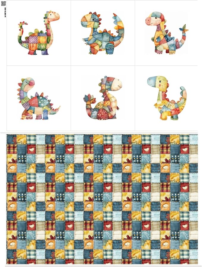 Patchwork Dinosaur Cotton Fabric Panel – 6 Designs + Bonus Sheet 29.5×19.6 inch by FabricsTown