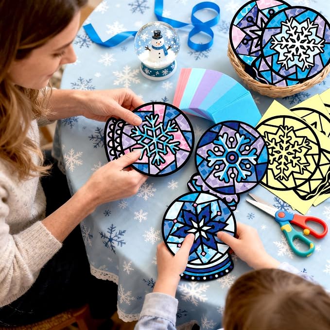 Eersida 32 Pcs Winter Snow Globe Suncatcher Craft Kit, 8 Designs Stained Glass - Image 6