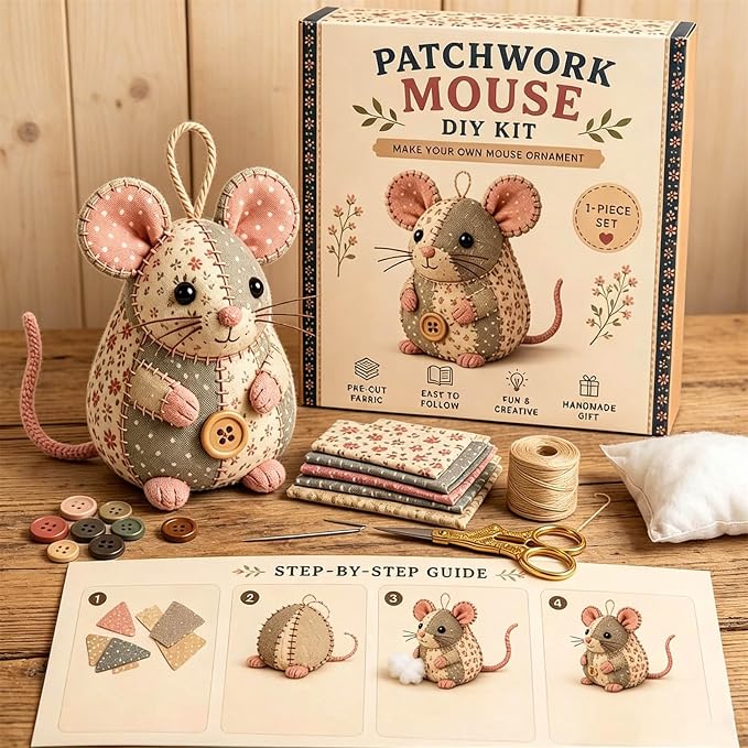 Patchwork Mouse DIY Kit, Handmade Sewing Craft Kit - Image 4