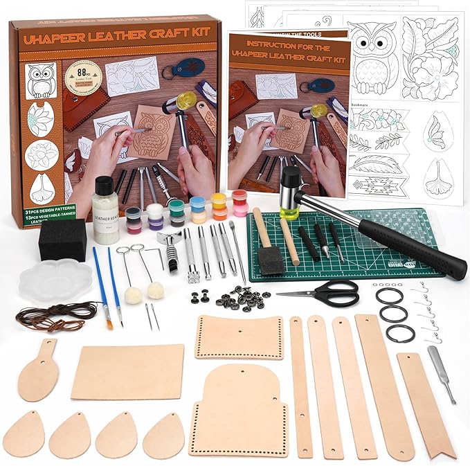 UHAPEER 88PCS Leather Crafting Kit: Leather Working Tools and Supplies for Adult, with Stamping Dyeing Carving Tools, Video Tutorial for Beginners to DIY Earring Wallet Keychain Wristband