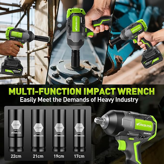 Brushless Cordless Impact Wrench 1200Nm (885Ft-lbs) High Torque, 1/2 Inch Impact Gun with 2x20V 4Ah Batteries, 3-Speed, 4 Cr-V Sockets (17/19/21/22mm) for Car Tire, Mower Lug Nut