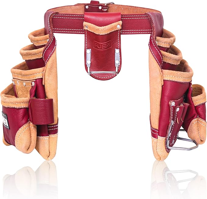 FUERI Leather Tool Belt Bag Men Pouch Heavy Duty Tools Pouches Organizer for Carpenter Construction Electrician Belts Bags Holder (16 Pocket Maroon, Adjustable)