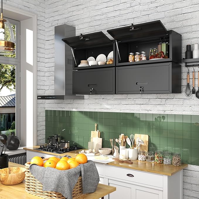 Metal Wall Cabinet with Up-flip Door,Black Heavy Duty Garage Wall Mounted Storage Cabinets,Tool Cabinets for Garage,Kitchen,Warehouse,Office,Assembly Required