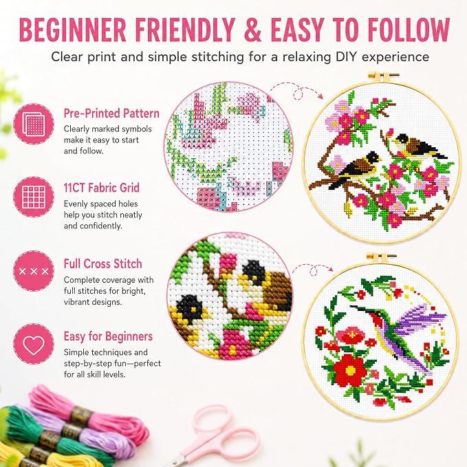 Zhenqing 4 Bird Circle Cross Stitch Kit 11CT Pre-Printed Floral Bird Embroidery - Image 7