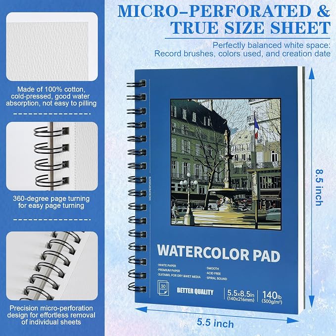 3 Pack 90 Sheet Watercolor Paper Pad 5.5“ x 8.5”, 140lb/300 GSM Cotton Cold - Image 2