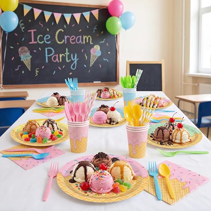 450 Pcs Ice Cream Tableware Set Decorations Summer Ice Cream Cone Paper Plates - Image 6