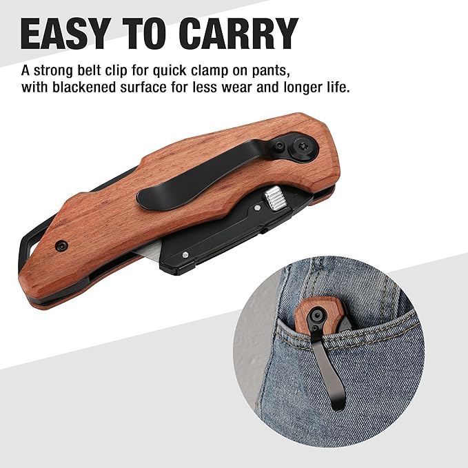 WORKPRO Folding Utility Knife with Stainless Steel Head, Quick-change Blade & Back Lock, Wood Handle Heavy Duty Box Cutter, 1PC Razor Knife with Extra 10PC SK5 Blades