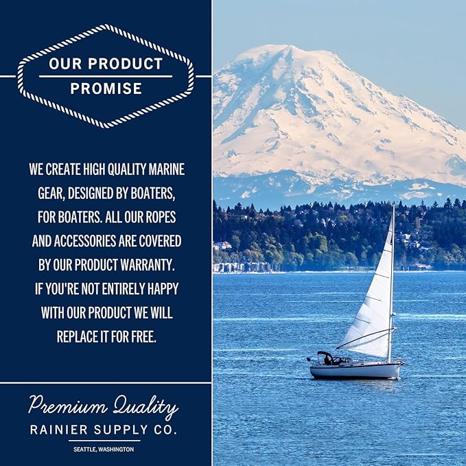 RainierSupplyCo Boat Anchor Rope - Double Braided Marine Rope Anchor Line - 50 ft x 3/8 Inch Nylon Boating Line with 316 Stainless Steel and Heavy Duty Marine Grade Bow Shackle - White/Gold