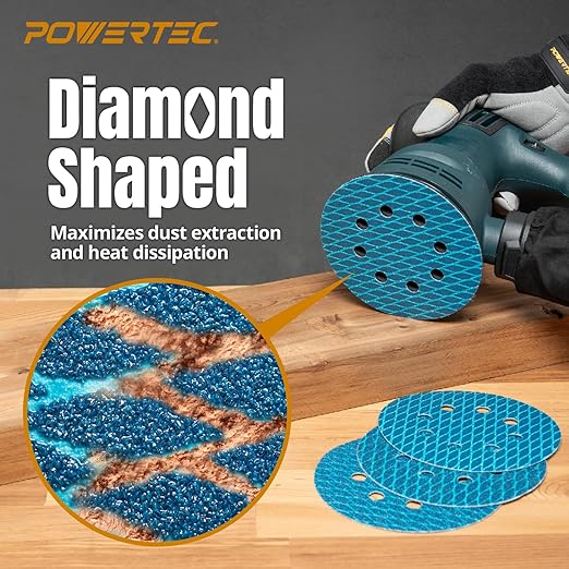 POWERTEC 5 Inch 8-Hole Hook and Loop Diamond Shaped Sanding Discs, 50PK, 60 Grit for Random Orbital Sanders – J-Weight Cloth Backing for Long Life, Anti-Clog Sandpaper (44906)