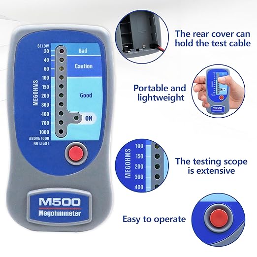 M500 Insulation Tester MEGOHMMETER, Compatible with Supco M500 Electronic Megohmmeter, Multimeter Tester, Compressor Tester HVAC, Battery Operated, 1000 Megohms at 500 Volts, with Soft Carrying Case