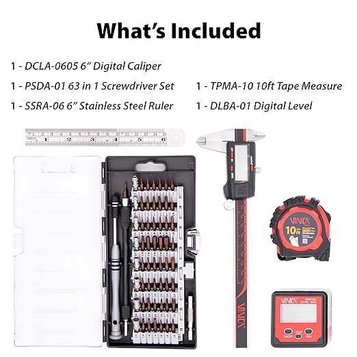 VINCA Digital Caliper Set, DCLA-01 6"/150mm Digital Caliper, 10ft Tape Measure, Digital Level, 63 in 1 Screwdriver Set, 6" Ruler