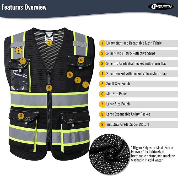 JKSafety Hi Vis Reflective Safety Vests for Men Women High Visibility Vest with Pockets Mesh Fabric Construction Safety Apparel Neon Vest for Work (220-Black XL)