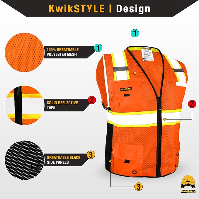 KwikSafety - Charlotte, NC - BIG KAHUNA Safety Vest [11 Pockets] Class 2 ANSI OSHA Reflective Vest Durable High Visibility Vest Construction Safety Vest for Men Industrial Work Gear/Orange Small