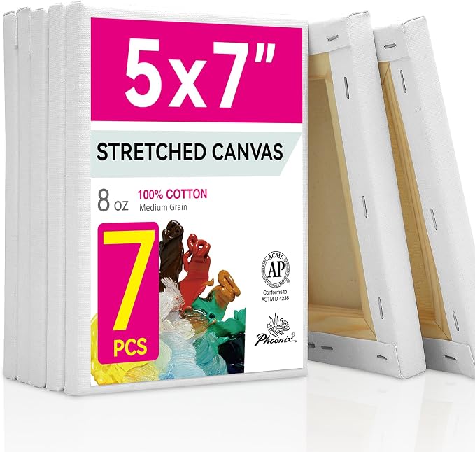 PHOENIX Stretched Canvas for Painting 5x7 Inch/7 Value Pack, 8 Oz Triple Primed by PHOENIX