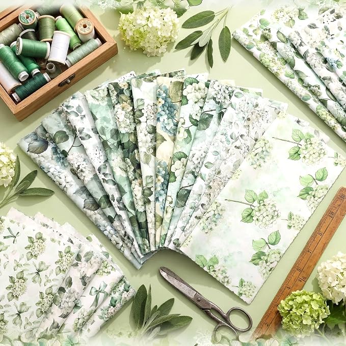 HunnmingRe 20 Pcs 10''x10'' Sage Green Hydrangea Quilting Fabric Square - Image 3