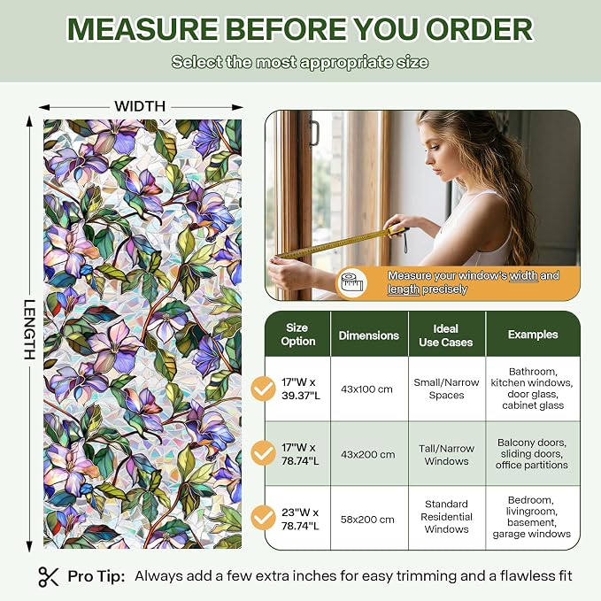 Purple Flower Window Privacy Films, Stained Glass Rainbow Floral Window Sticker - Image 2