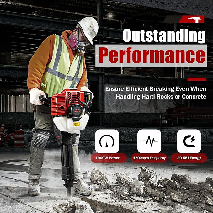 52CC 2 Stroke Demolition Jack Hammer, Gas Powered Concrete Breaker Punch Drill Jack Hammer, Heavy Duty Concrete Breaker for Trenching,Chipping,Breaking Holes
