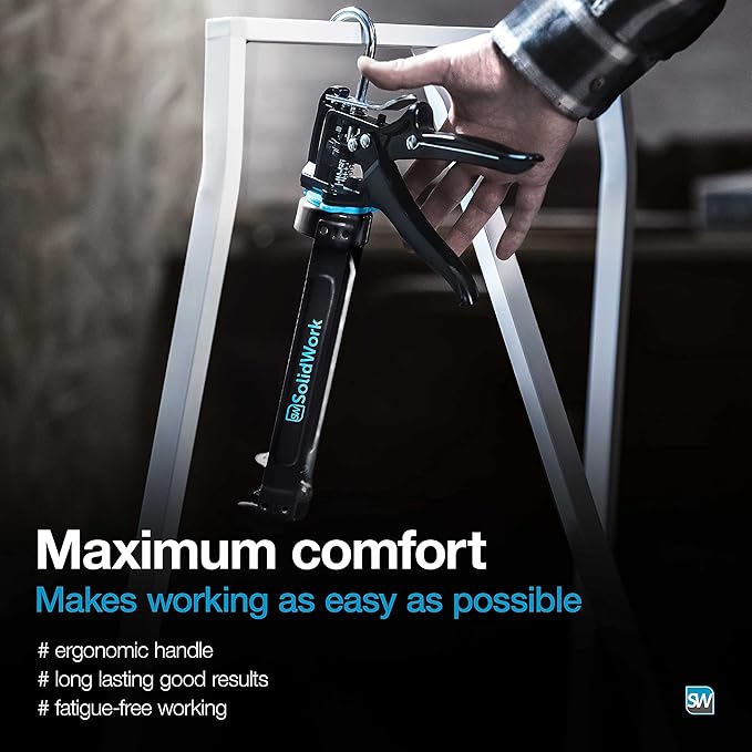 SolidWork Caulk Gun for Professional & Drip-Free Use with Ergonomic Steel Handle, up to 1/10 Gallon Cartridge, Adjustable 24:1 Thrust Ratio 1/10 Gallon Cartridge | Black Caulking Gun