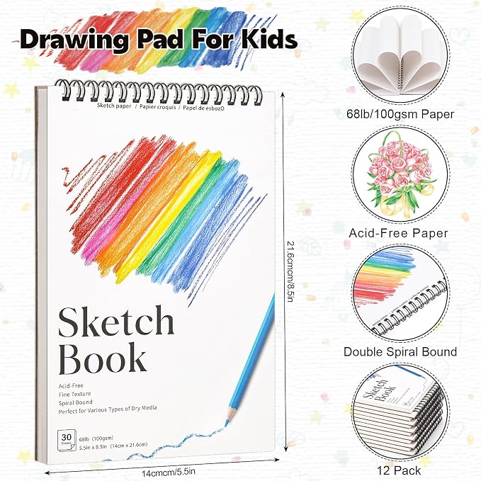 12 Pack Small Sketch Books, 5.5 x 8.5 Inch Mini Sketchbook, 68lb/100gsm Spiral - Image 2
