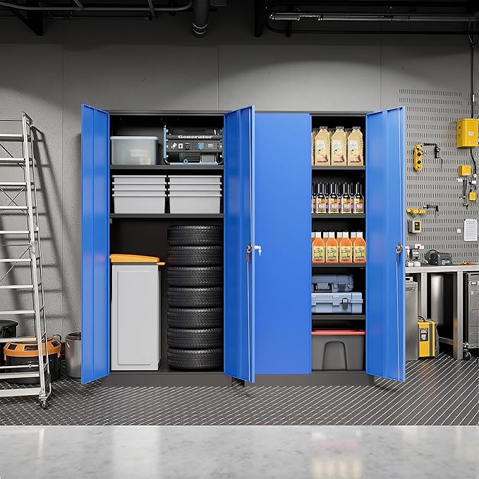 Pataku Metal Storage Cabinet, 71" Garage Cabinet with Doors and Shelves Lockable Steel Multifunctional Cabinets, File Cabinets for Home, Office, Garage, Warehouse(Dark Blue)