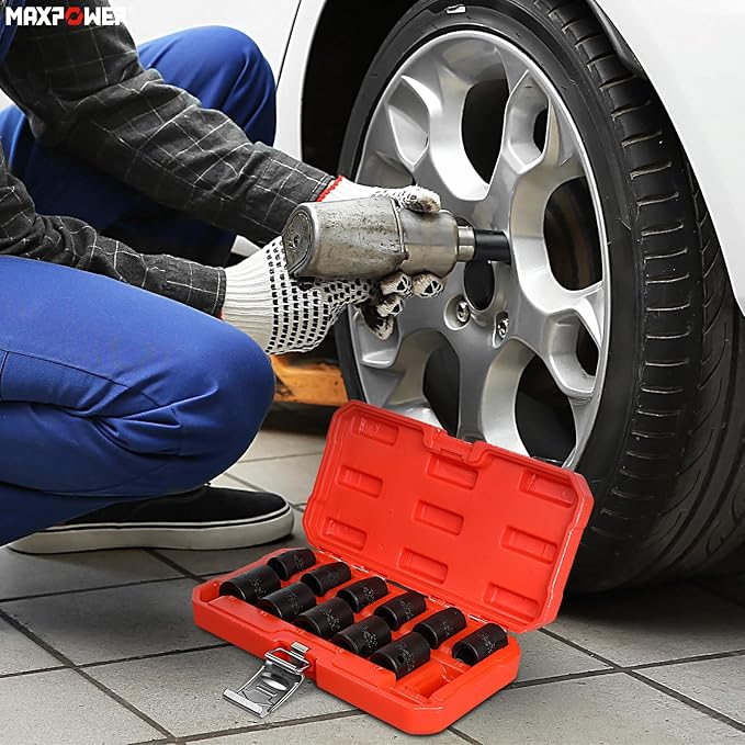 MAXPOWER 1/2" Drive Impact Socket Set, 12 Pieces Metric Impact Sockets, 6-Point Metric Impact Sockets, Cr-Mo Steel, Sockets Size 10 mm to 21 mm, With a Storage Case