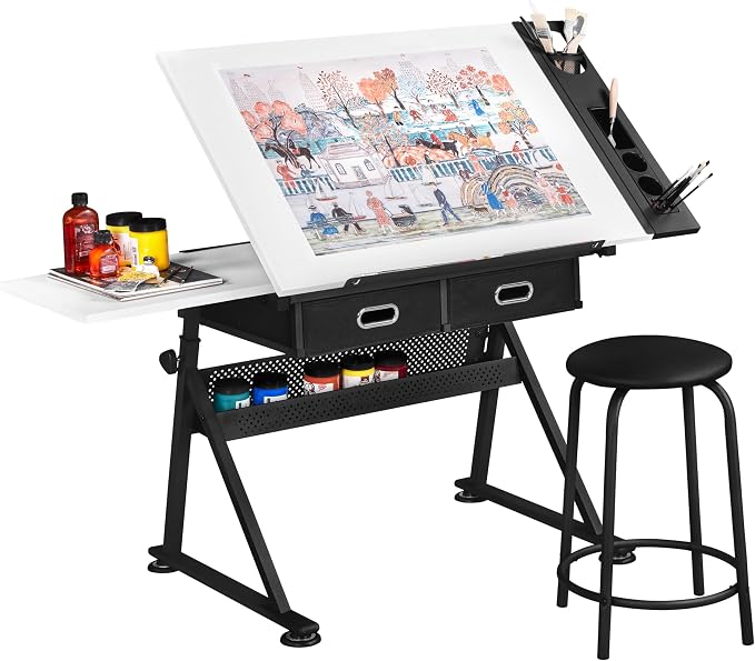 Yaheetech Adjustable Drafting Table Art Desk, Storage Drawers & Stool by Unknown