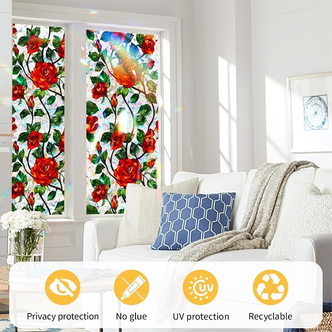Bloss Rose Stained Glass Windows Film, 29.5x78.7inch 3D Flower Privacy Window - Image 7