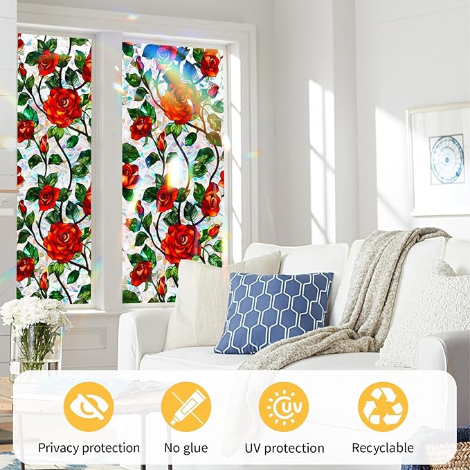 Bloss Rose Stained Glass Windows Film, 23.6x78.7inch 3D Flower Privacy Window - Image 7