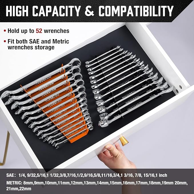 ALOANES 52-Slot Metal Wrench Organizer, Heavy Duty Wrench Organizer Tray for Tool Box, Fit SAE & Metric Wrench Storage, 4 Pack Wrench Holders(Orange)