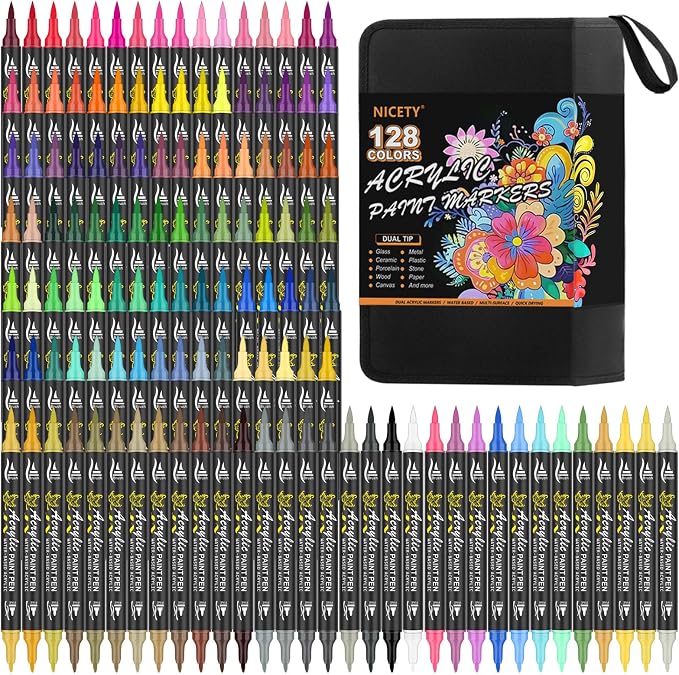 NICETY 128 Acrylic Paint Markers, Dual Tip Brush Paint Pens by NICETY
