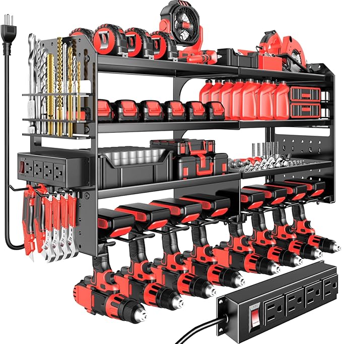 Large Power Tool Organizer Wall Mount with Charging Station, 4 Layer Heavy Duty Metal Cordless Tool Organizer, Tool Storage Rack with 8 Cordless Drill Holder Screwdriver Hammer(Black)
