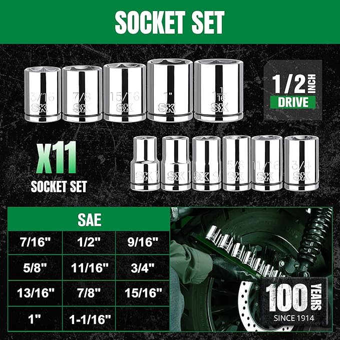SK 1/2" Drive Socket Set, SAE Sockets, 11-Piece 7/16" to 1-1/16", SuperKrome Finish, Premium CR-V Construction, with Aluminum Socket Organizer