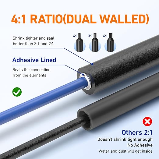 TKDMR 446 Pcs Heat Shrink Tubing Kit - 4:1 Ratio Adhesive Lined, Marine Grade Shrink Wrap - Industrial Heat Shrink Tubing,Black
