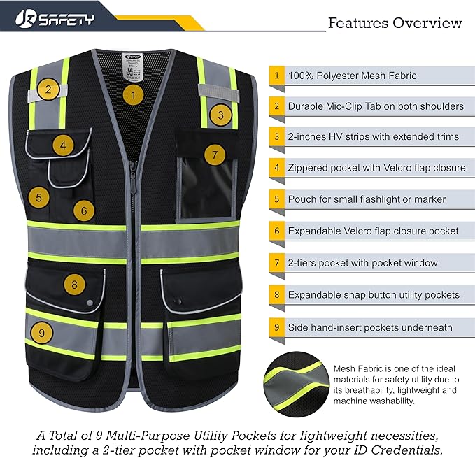 JKSafety 9 Pockets Hi-Vis Black Color Zipper Front MESH Safety Vest with Fluorescent Yellow Extend Edge outlining the Reflective Tapes Meet ANSI/ISEA Class 1 Standard (100-Black, 4XL)