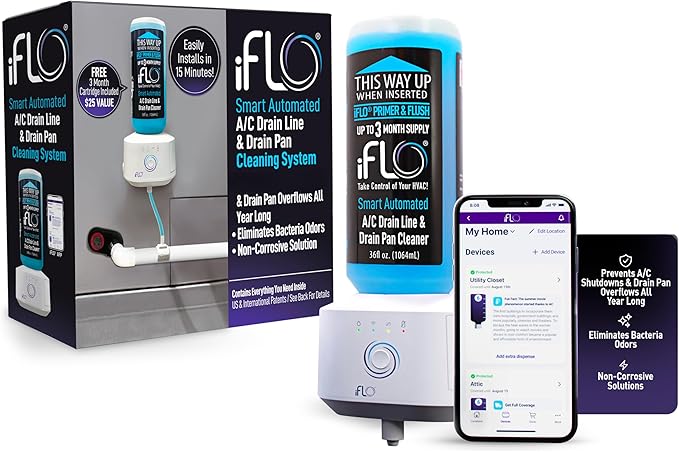 iFLO® Smart A/C Drain Line and Drain Pan Cleaner for HVAC System, Clog-Free, Easy Installation & App-Controlled Air Conditioner Maintenance, Includes 36oz Cleaner Cartridge, 3 Month Supply
