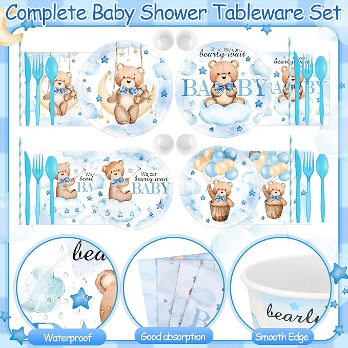 450 Pcs Blue Bear Baby Shower Tableware Set Decorations, We Can Bearly Wait - Image 3