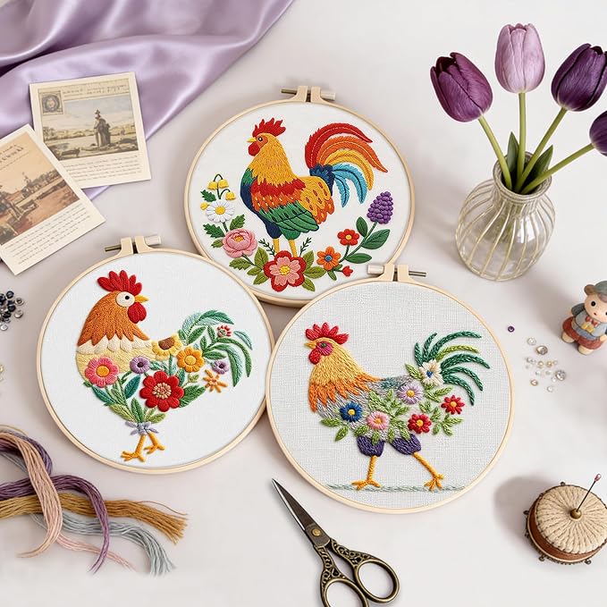 Uniartfy 3 Pack Funny Rooster and Flower Embroidery Kits - Image 5