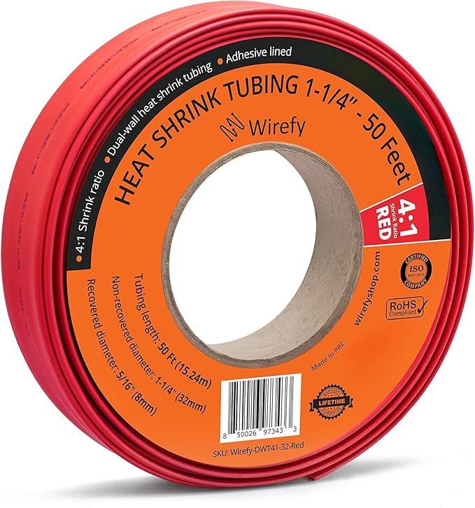 Wirefy 1-1/4" Heat Shrink Tubing - Large Diameter - 4:1 Ratio - Adhesive Lined - Industrial Heat-Shrink Tubing - 50 Feet Roll - Red