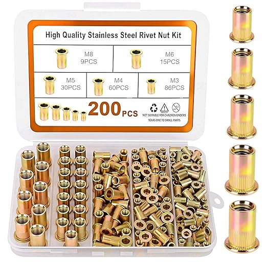 Metric Rivet Nut Assortment Kit, 200Pcs Carbon Steel SAE Rivet Nut, M3 M4 M5 M6 M8 UNC Flat Head Rivnut Set, Threaded Insertion Nut Sets for Automotive, Mechanical and Other Equipment