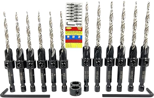 FTG USA Countersink Drill Bit Set 6 Pc #8 (11/64"), 6 Pc #10 (3/16") Tapered Countersink Bit, Stop Collar, Hex Wrench, Woodworking Countersink Drill Bits