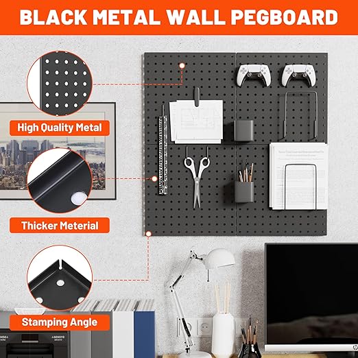 ValueMax 6 Pack Metal Pegboard Panels, 12”x 12” Heavy Duty Metal Pegboard Wall Organizer for Home, Garage, Workbench, Kitchen, Craft Room Tool Storage, Black Modular Peg Board Organizer Board