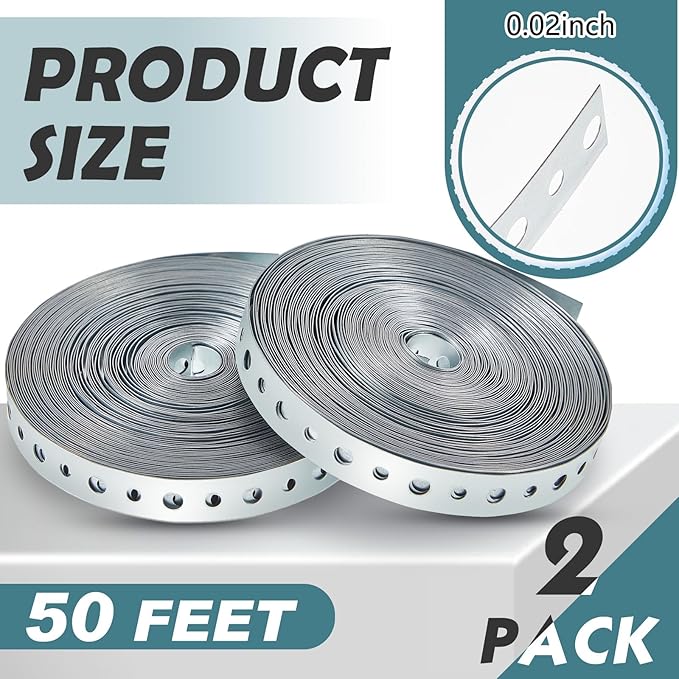 Gisafai 2 Rolls Galvanized Metal Pipe Strap 3/4 Inch x 50 ft 24 Gauge Total 100 ft Bendable Pipe Hanger Strap with Holes for Pipeline Supports Hanging, Flexible Trimming