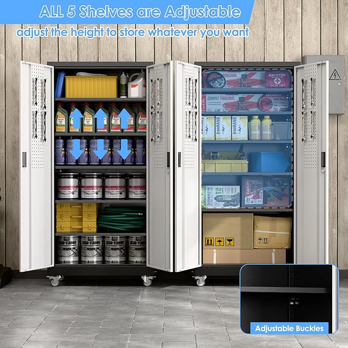 Aobabo Upgrade 71H''*34''W*18''D Metal Garage Storage Cabinet with Wheels and Pegboards, 5 Adjustable Shelves Steel Storage Cabinets for Home,Warehouse,Garage,Assembly Required,Black and Sliver