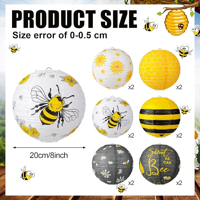 Panelee 12 Pcs Bee Party Decorations Paper Lanterns 8 Inch Hanging Round - Image 2