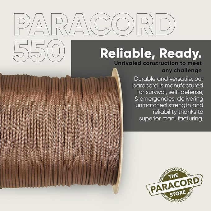 The Paracord Store | Type III 550 Paracord - 250 FT Spool, Chocolate Brown | Heavy Duty 7 Strand Tactical Paracord - USA Made Nylon Outdoor Parachute Cord for Camping, Fishing & More - Survival Cord