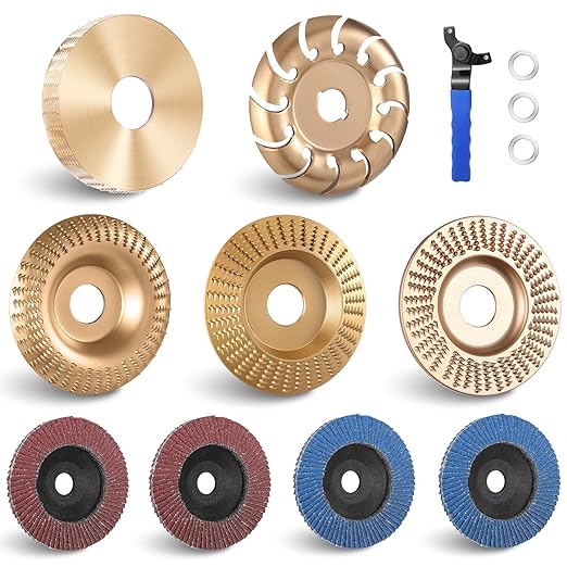 10PCS Wood Carving Disc Set for 4" & 4-1/2" Angle Grinder, Includes Grinding, Shaping & Sanding Discs with 5/8" Arbor for Woodworking & DIY Projects