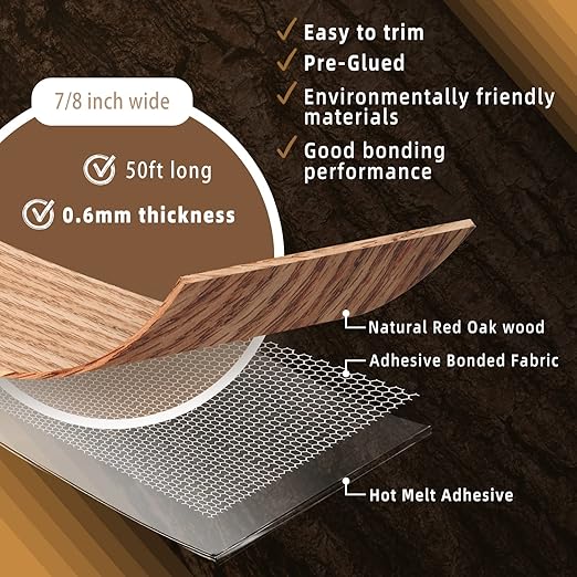 GSCIT Club Red Oak Edge Banding, 7/8 inch x 50ft roll of Veneer Edge Banding Preglued Flexible, Real Wood Tape Banding