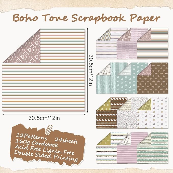 24 Sheets Scrapbook Paper, 12x12in Double-Sided Bohemian Patterned Craft Paper - Image 2
