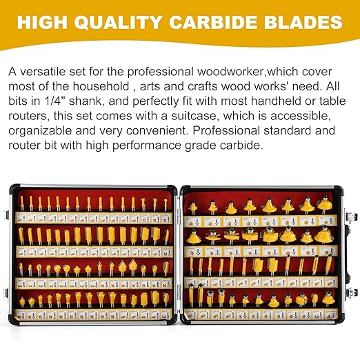 100-Piece Router Bit Set 1/4" Shank 100Pcs Expert Router Bit Kit. Tungsten Carbide Router Bits for Woodworking 1/4 Router bit Set